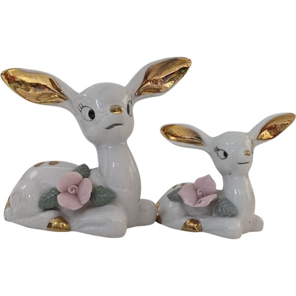 Thames Deer Figurines Set of 2 White Gold Tone Pink Mid Century Vtg Japan - Picture 6 of 16